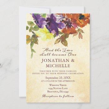 purple burnt orange floral christian wedding invitation