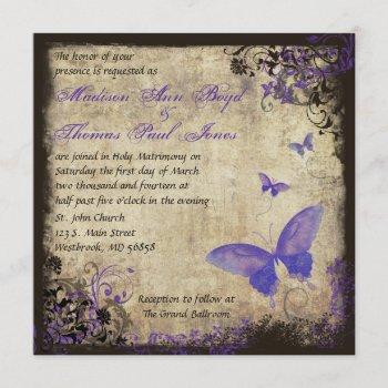 purple butterfly vintage square wedding invitation