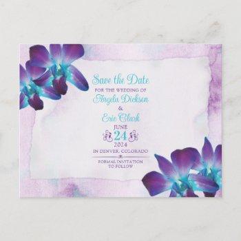 purple dendrobium orchid wedding save the date postcard