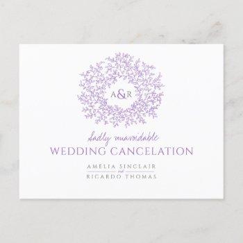 purple drawn leaf monogram wedding cancelation announcement postcard