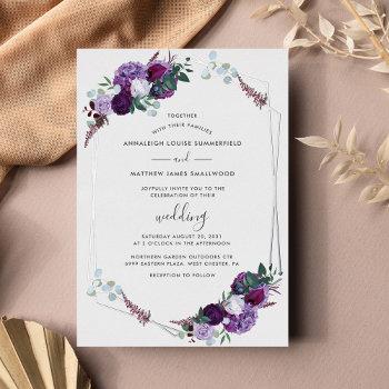 purple floral geometric rose gold wedding silver foil invitation