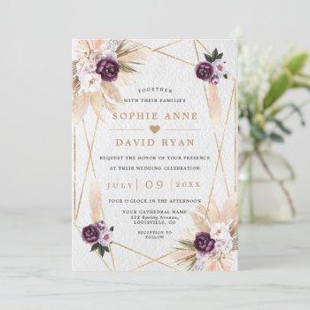 purple floral pampas grass all in one wedding  invitation