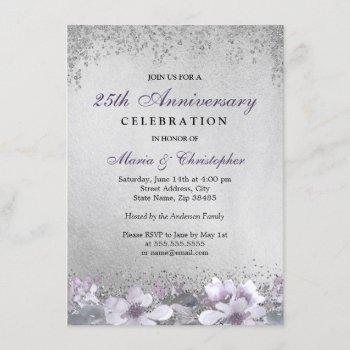 purple floral silver 25th wedding anniversary invitation