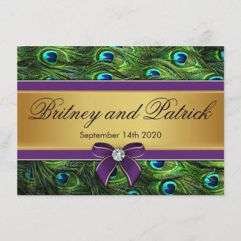 purple & gold peacock feather wedding invitations