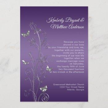 purple gradient silver ornate butterflies wedding invitation