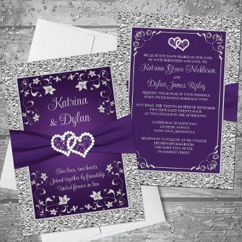 purple, gray love hearts wedding invitation