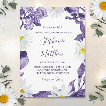 purple iris daisy watercolor botanical wedding invitation