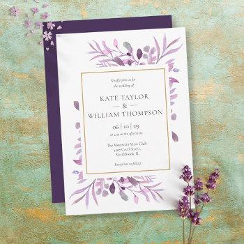 purple lavender foliage elegant gold wedding invitation
