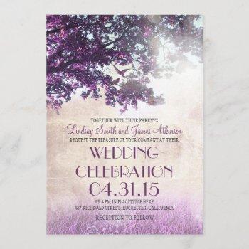 Small Purple Old Oak Tree & Love Birds Wedding Invites Front View