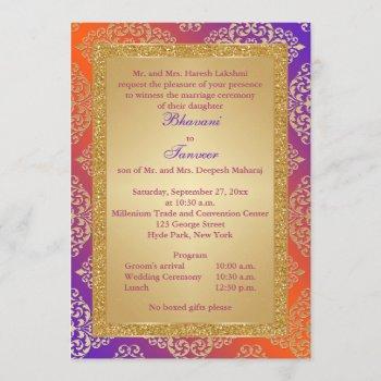 Small Purple, Orange, Gold Faux Glitter Wedding Invite Front View