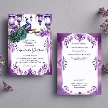 purple peacock vintage garden indian wedding  invitation