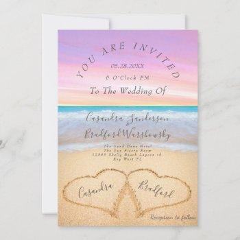 purple pink beach wedding 2 hearts sand wedding   invitation