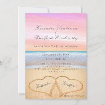 purple pink sunset beach wedding 2 hearts sand invitation