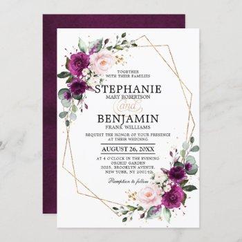 purple plum blush pink rose boho geometric wedding invitation
