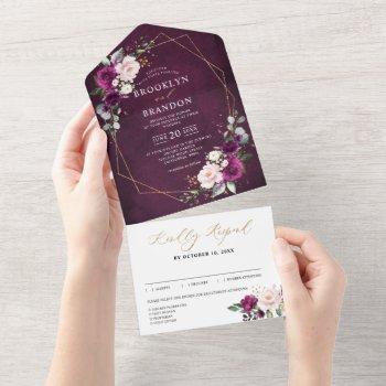  purple plum blush pink roses geometric wedding al all in one invitation