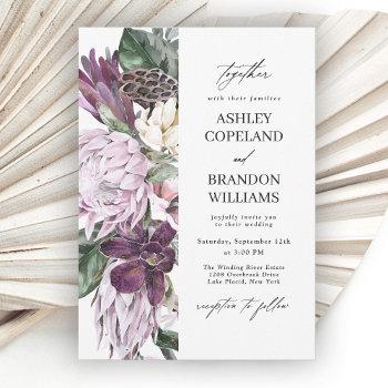 purple plum boho tropical floral wedding invitation