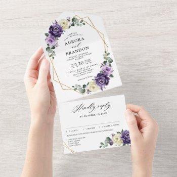 purple plum ivory gold floral geometric wedding all in one invitation