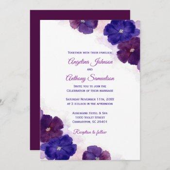 purple plum royal blue watercolor floral wedding invitation