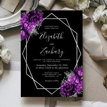 purple plum silver floral black wedding invitation