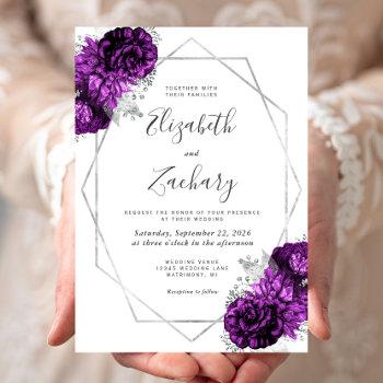 purple plum silver floral white wedding invitation