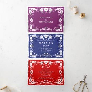 purple, red, blue papel picado love birds wedding tri-fold invitation