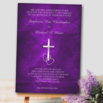 purple silver christian cross wedding invitation