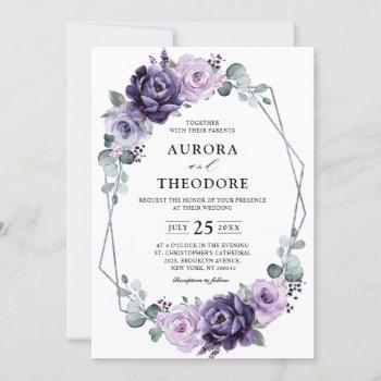 purple silver floral blooms geometric wedding      invitation