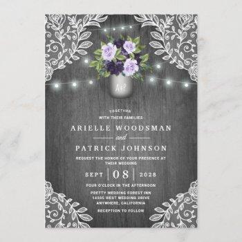 purple silver gray floral rustic mason jar wedding invitation