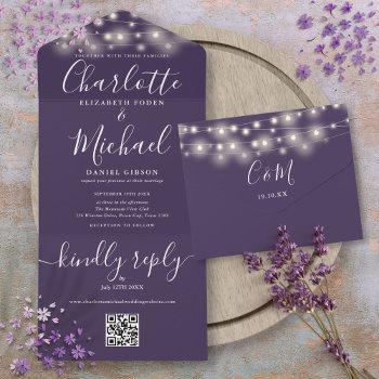 purple string lights qr code monogram wedding  all in one invitation