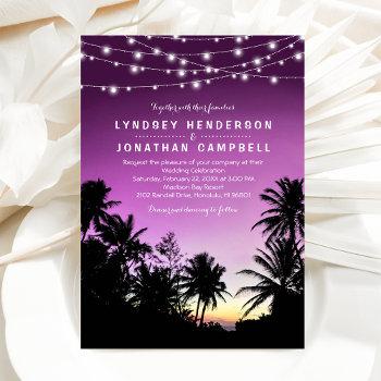 purple sunset palm tree beach lights wedding invitation