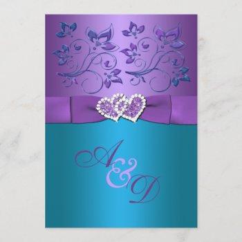 Small Purple, Teal Floral Hearts Monogram Wedding Invite Front View