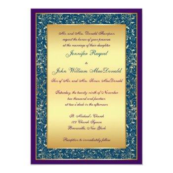 Small Purple Teal Gold Ornate Scrolls Wedding Invite Front View