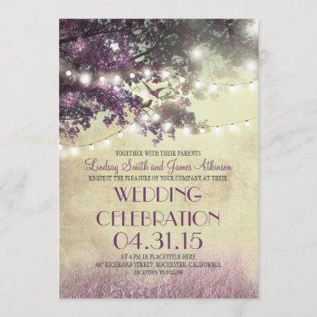 purple tree lights & birds wedding invitation