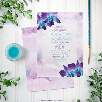 purple turquoise blue dendrobium orchid wedding invitation