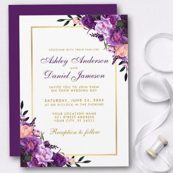 purple violet floral gold wedding invitation