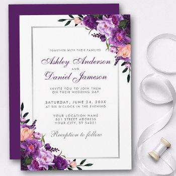 purple violet floral silver wedding invitation