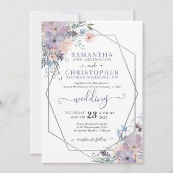 purple watercolor floral geometric wedding invitation