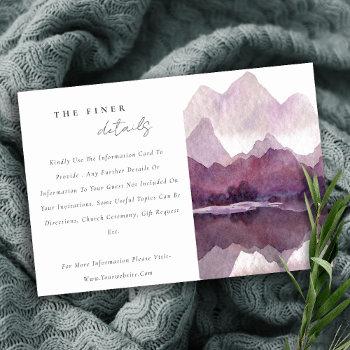 Small Purple Watercolor Mountain Lake Wedding Details Enclosure Card Front View