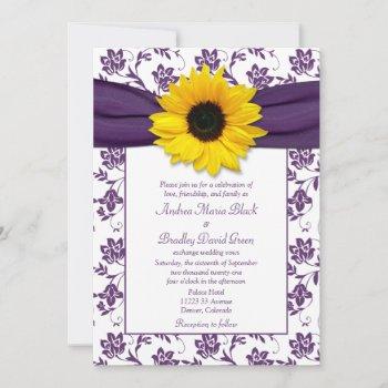 purple white damask sunflower wedding invitation