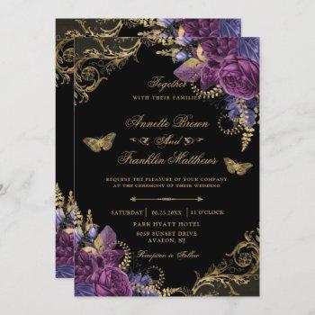 purple wine floral antique ornate gold wedding invitation