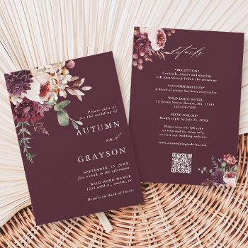 qr code all in one autumn romance burgundy wedding invitation