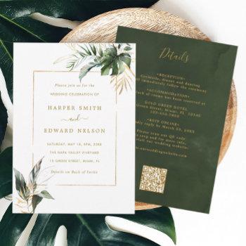 Small Qr Code All In One Tropical Leaves Gold Wedding Front View
