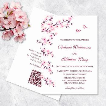 qr code | cherry blossoms  pink white wedding  invitation