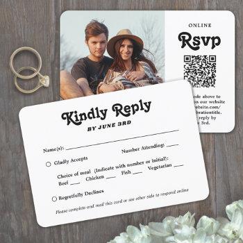 Small Qr Code & Meal Options Retro Script Photo Wedding Rsvp Front View