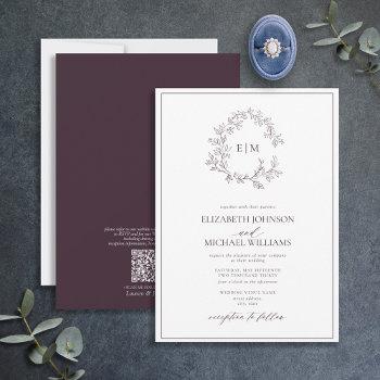 qr code plum purple leafy crest monogram wedding invitation