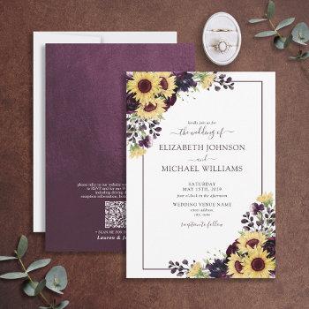 qr code plum purple sunflower watercolor wedding invitation