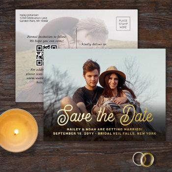 qr code retro script 2 photo wedding save the date foil invitation postcard