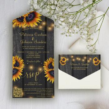 qr code rustic gold sunflower barn wood wedding  all in one invitation