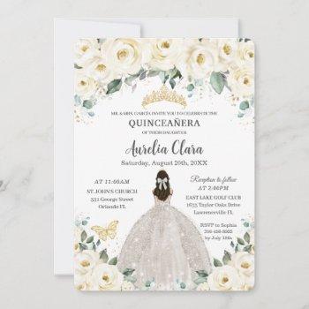quinceañera ivory white floral gold tiara dress invitation