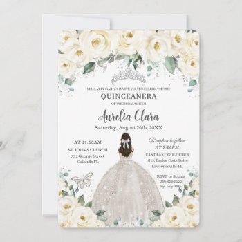 quinceañera ivory white floral silver tiara dress invitation